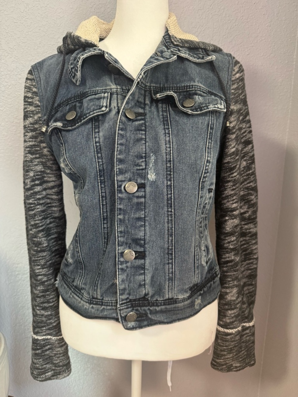 Free People Bella Swan Twilight Mixed Media Hooded Denim Jacket Knit Sleeves S